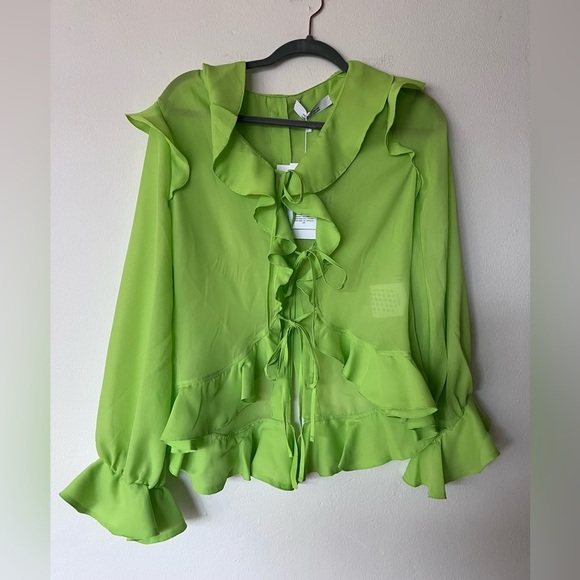 NWT Rokh Neon Green Ruffle Detail Button Down Blouse - Picture 5 of 11